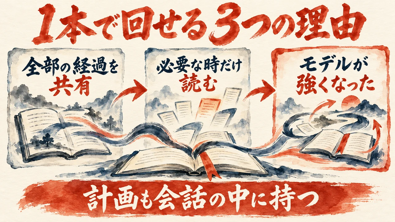図解。全部の経過を共有、必要な時だけ読む、モデルが強くなった、の三つの理由を、開いた本と一本の流れで描いた水彩画