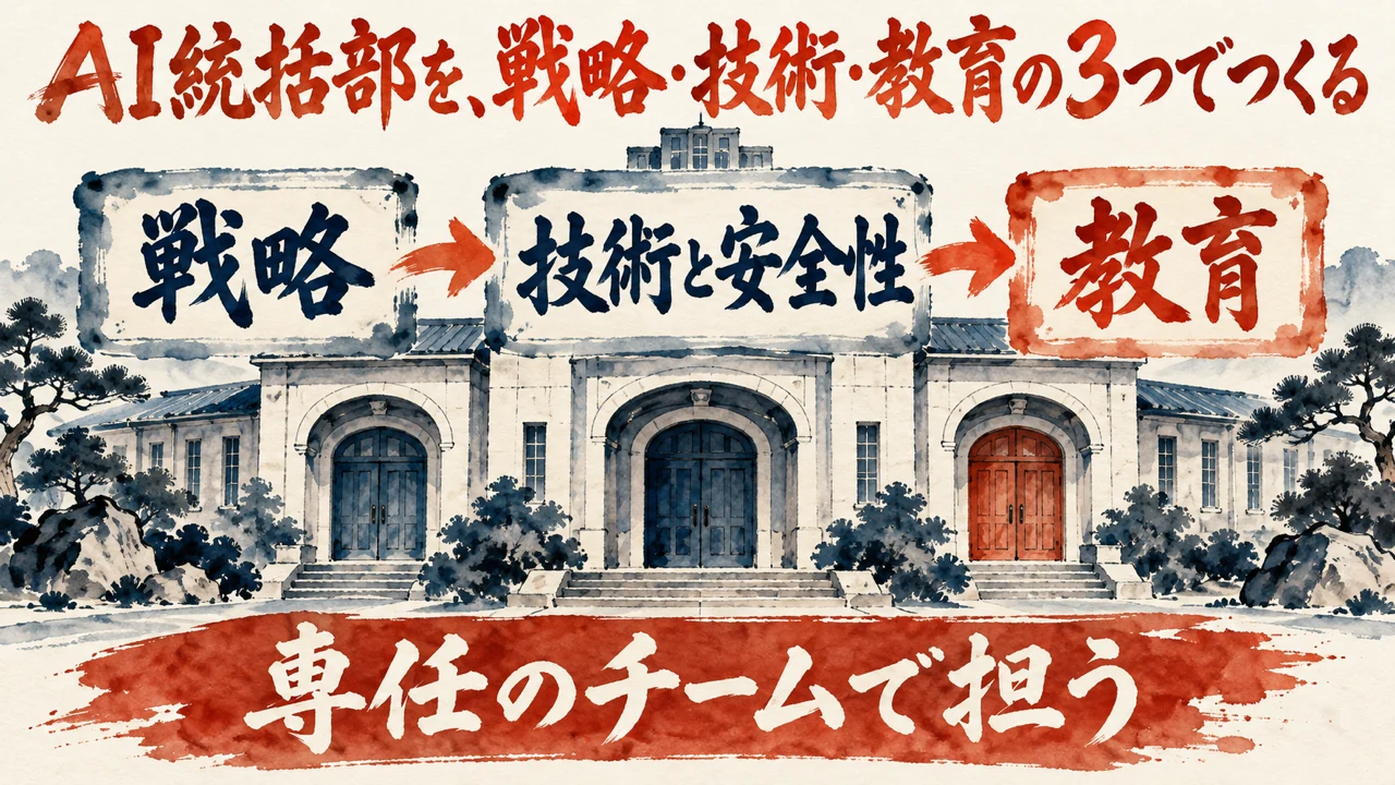 図解。戦略、技術と安全性、教育、の三つの札が矢印で並び、専任のチーム、の帯が添えられている水彩画。見出しはAI統括部を戦略・技術・教育の3つでつくる