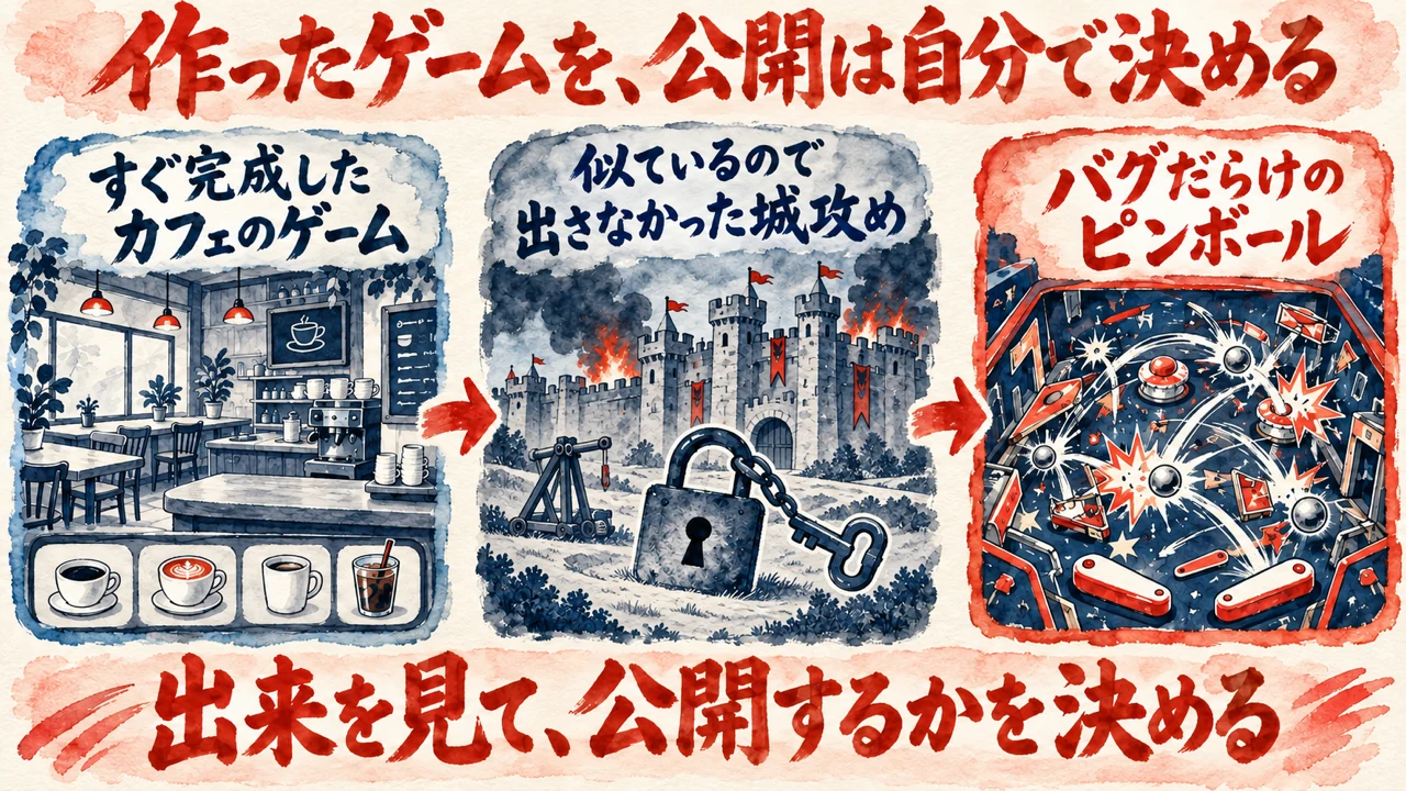 図解。すぐ完成したカフェのゲーム、似ているので出さなかった城攻め、バグだらけのピンボール、の三つ。出来を見て公開するかを決める、と示す水彩画