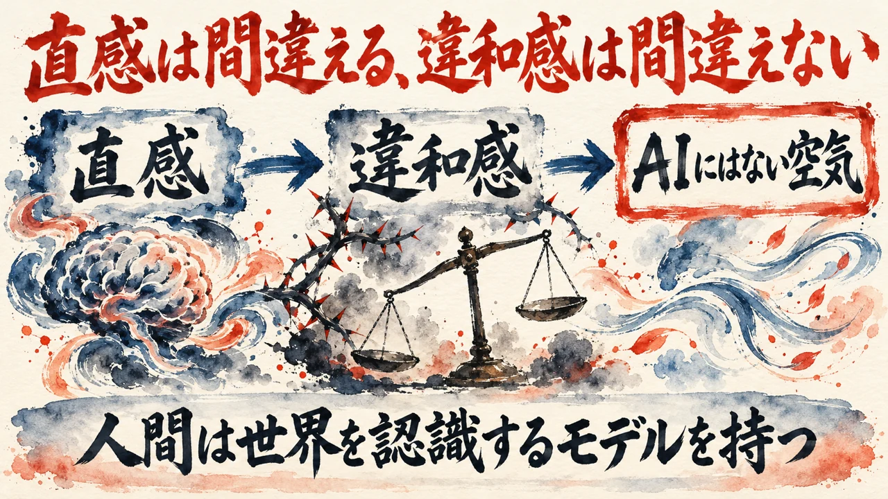 図解。直感から違和感へ、AIにはない空気を人が感じる流れを、天秤とトゲの水彩画で描いた図