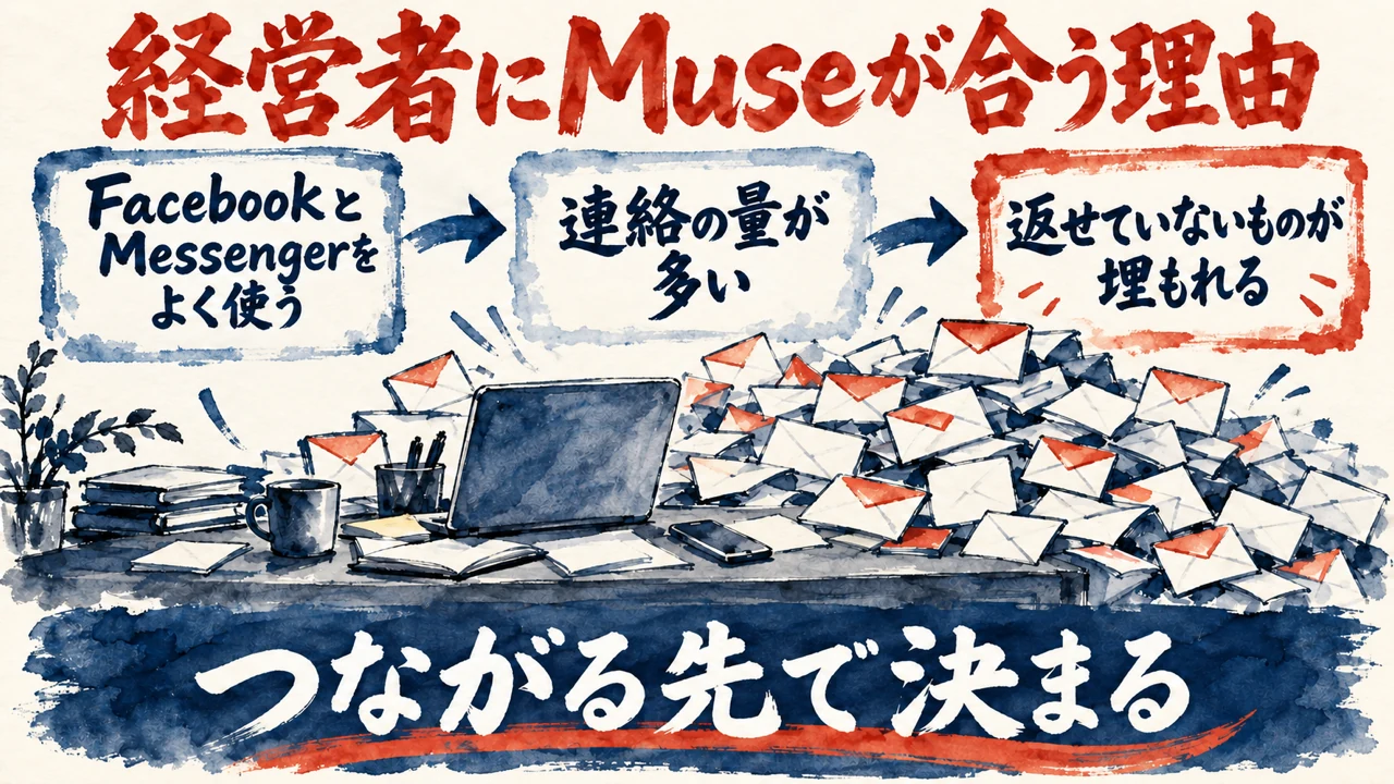 図解。経営者はFacebookとMessengerをよく使う、連絡の量が多い、返せていないものが埋もれる、の三つの札で、経営者にMuseが合う理由を示す