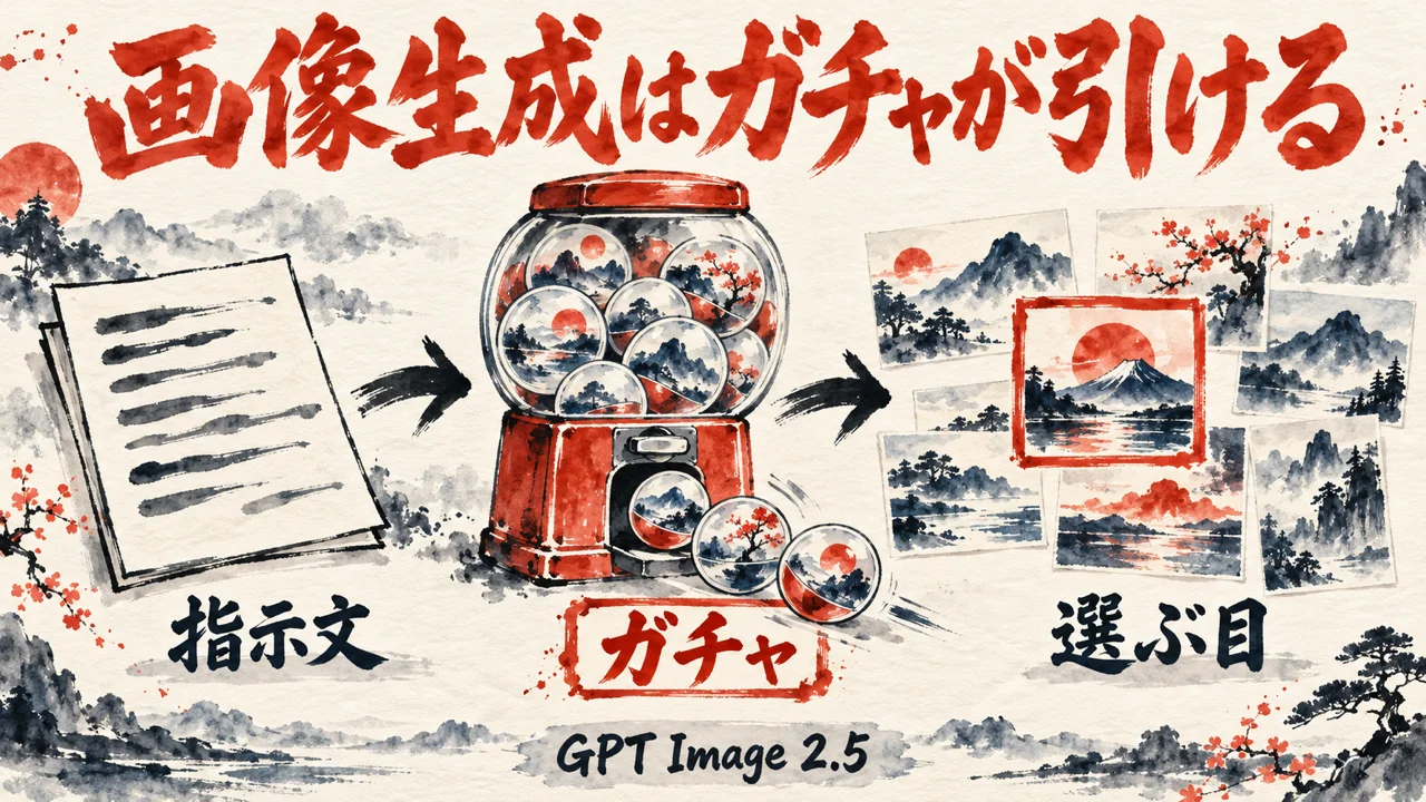 指示文のメモから、カプセルの販売機のガチャを経て、小さな絵の中から一枚を選ぶ札へつながる図解