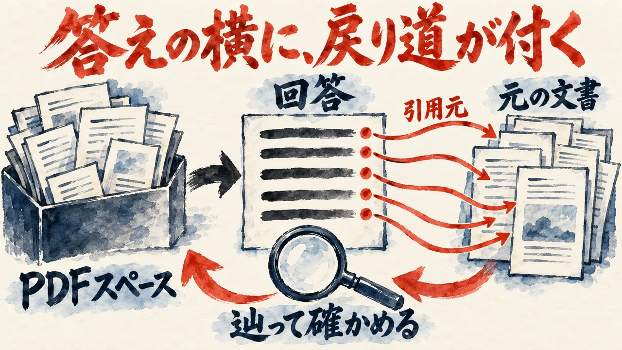 PDFスペースの書類から回答が出て、回答の各行から元の文書へ引用元の矢印が伸び、虫眼鏡で辿って確かめる流れを描いた図解