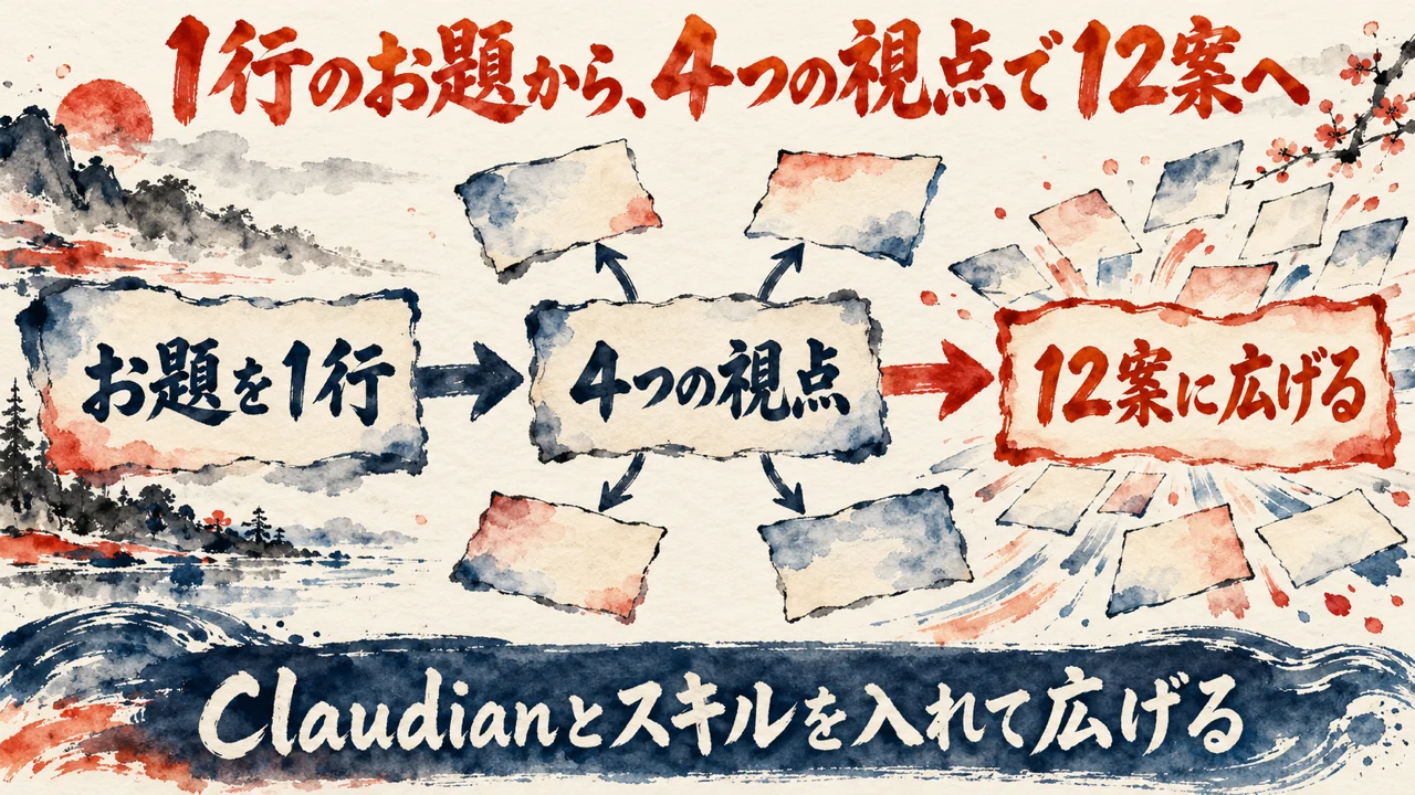 図解。お題を1行置き、4つの視点を通って、12案に広がる流れを、中心の札と四方の札の水彩画で描いた図