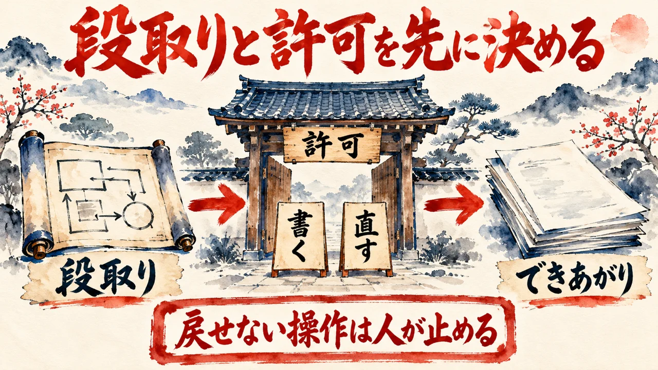 段取りの設計図、許可の門、できあがりが矢印でつながり、戻せない操作は人が止める札が門の下にある図解
