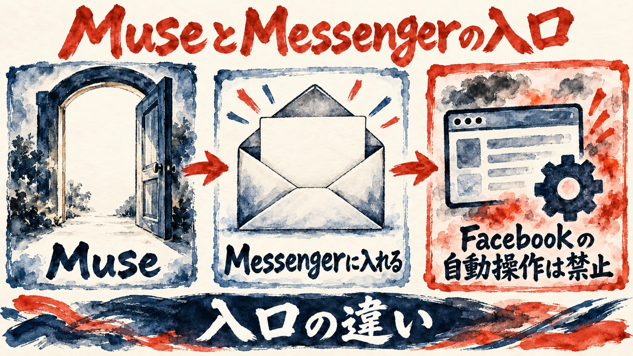 図解。MuseがFacebookとMessengerに入る、Facebookのブラウザ自動操作は禁止されている、の二つの札で、入口の違いを描いた水彩画