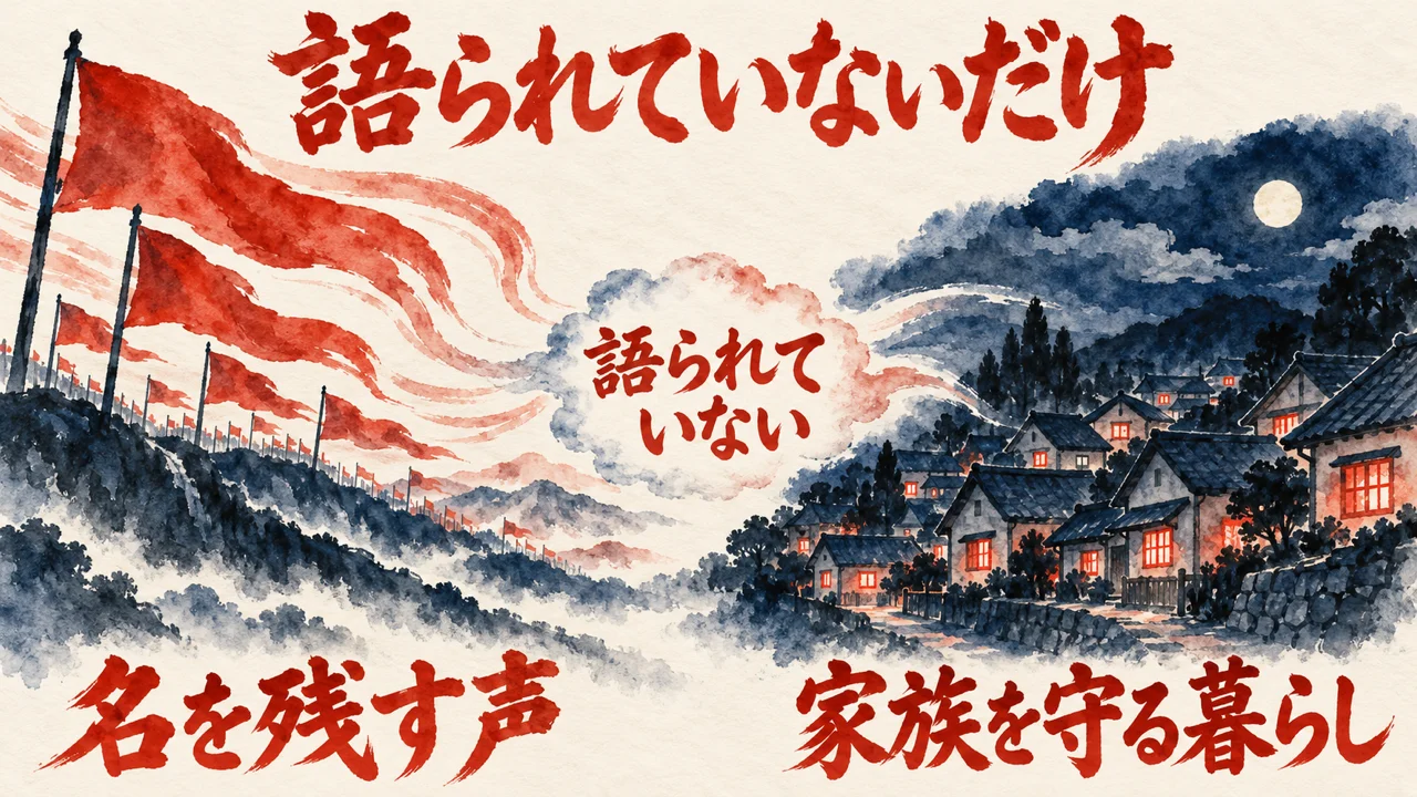 旗が立つ丘の名を残す声と、窓が灯る町の家族を守る暮らしを左右に並べ、中央に語られていない、の雲を置いた図解