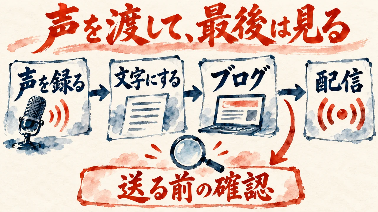 声を録る、文字にする、ブログ、配信の流れと、送る前の確認を人が持つことを描いた水彩の図解