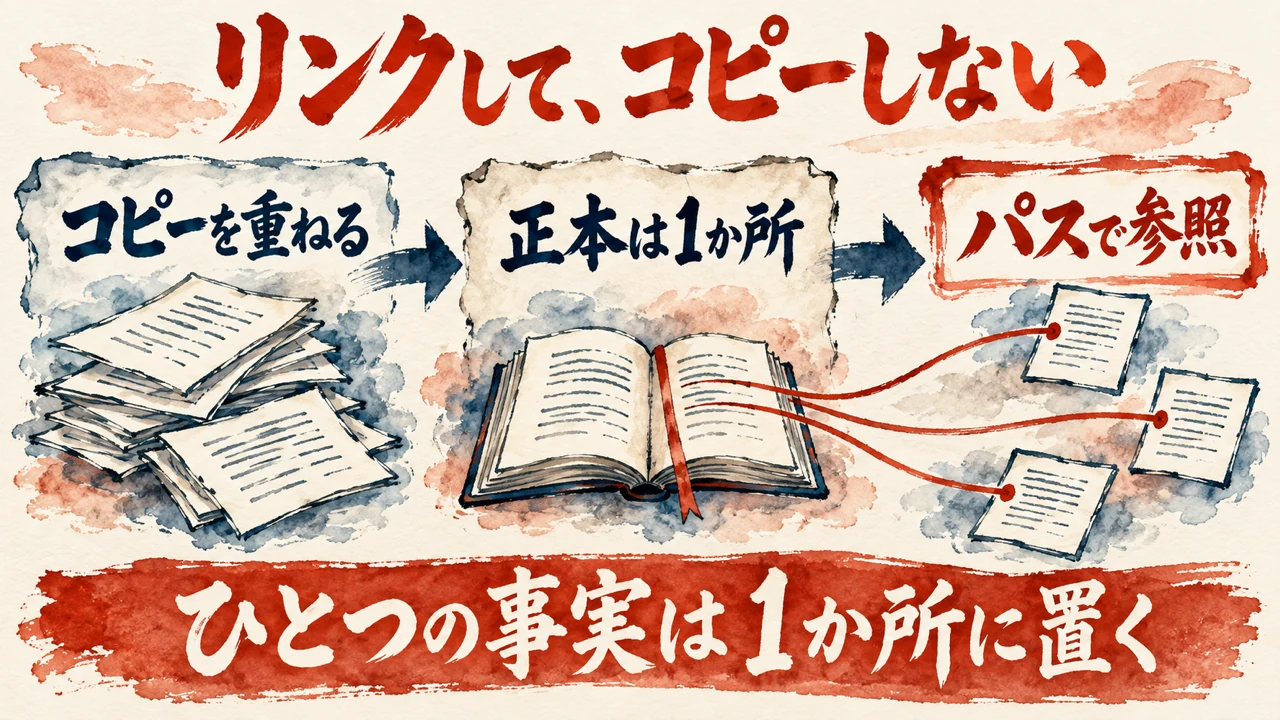 図解。コピーを重ねず、ひとつの正本へリンクで参照する流れを、水彩画で描いた図