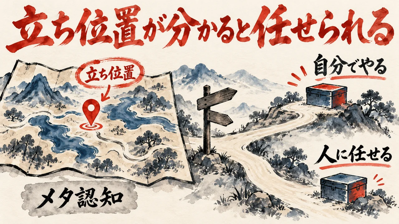地図の現在地のピンから、自分でやる箱と人に任せる箱への分かれ道が伸びる図解