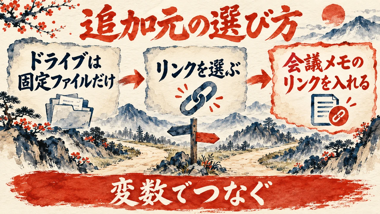 図解。ドライブは固定のファイルだけ、リンクを選ぶ、会議メモのリンクを変数で入れる、の三つの札で、追加元の選び方を示す