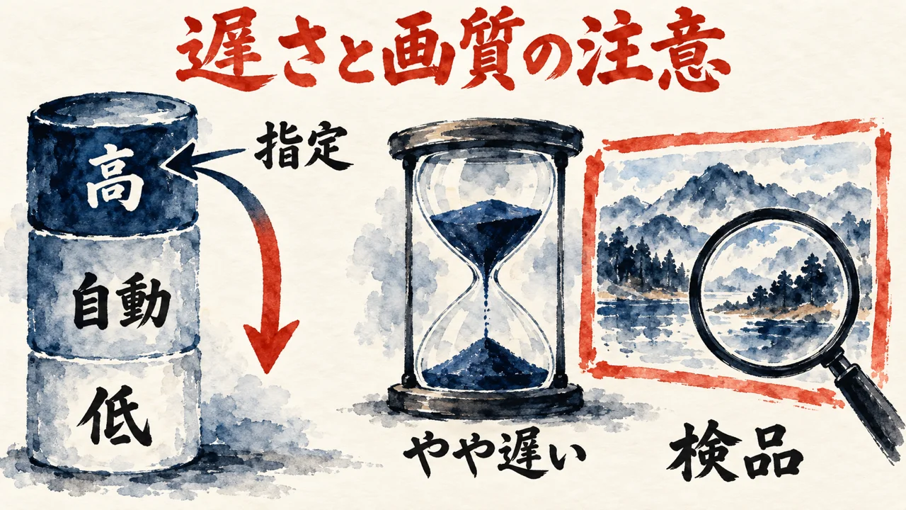 画質の指定が高から自動や低へ落ちる場合があることと、砂時計の遅さ、虫眼鏡の検品を並べた図解