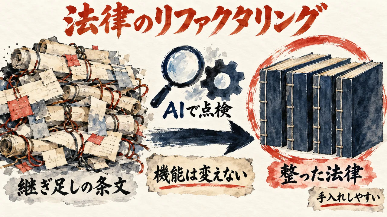 継ぎ足しの条文の込み入った巻物の束から、AIで点検の矢印を通って、整った法律の本へ変わる図解。矢印の下に機能は変えない、右下に手入れしやすいの札