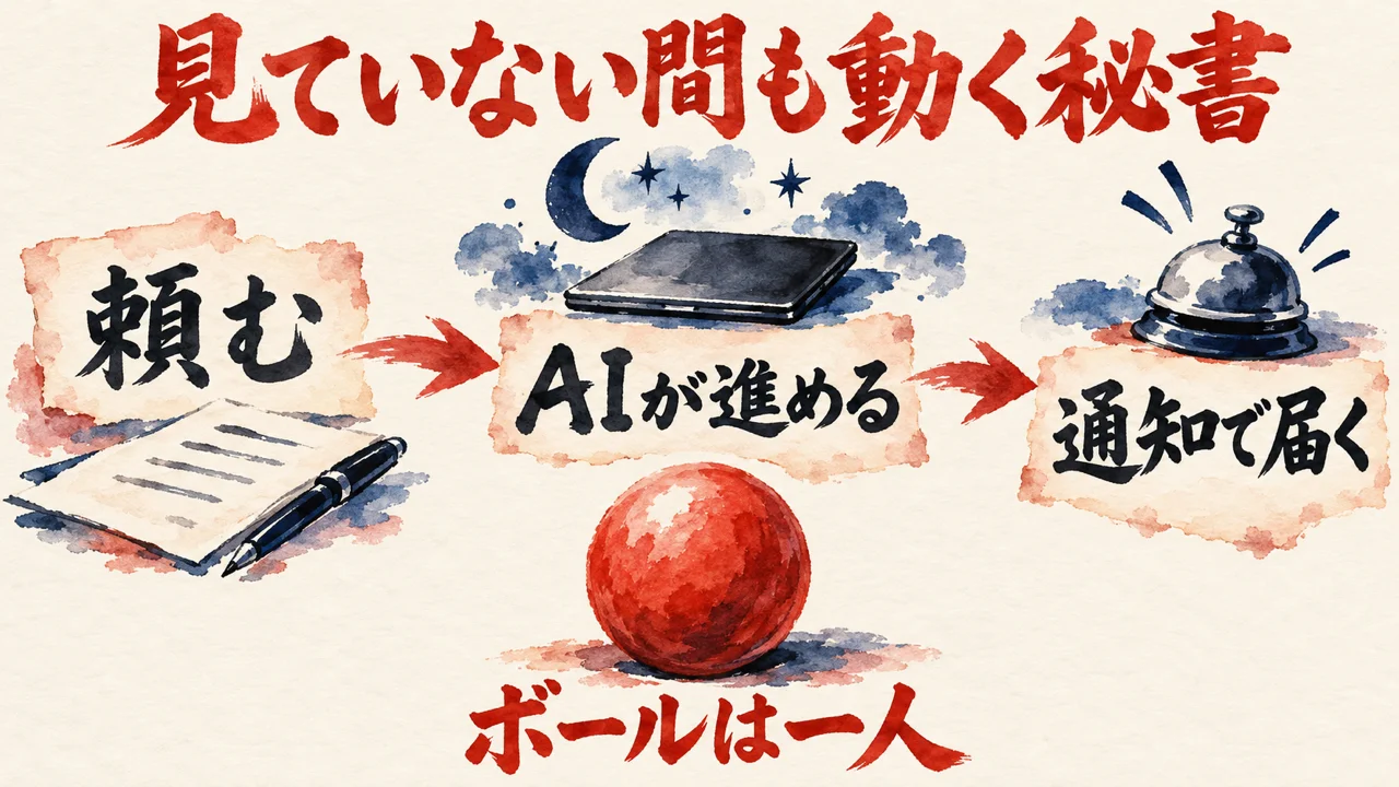 頼む、AIが進める、通知で届くの流れと、管理のボールは一人が持つことを描いた水彩の図解