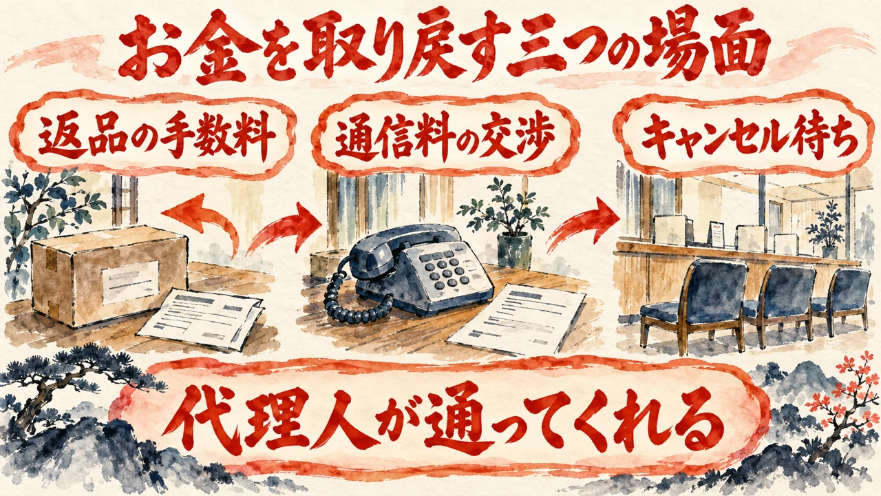 図解。返品の手数料、通信料の交渉、キャンセル待ち、の三つの札が並ぶ