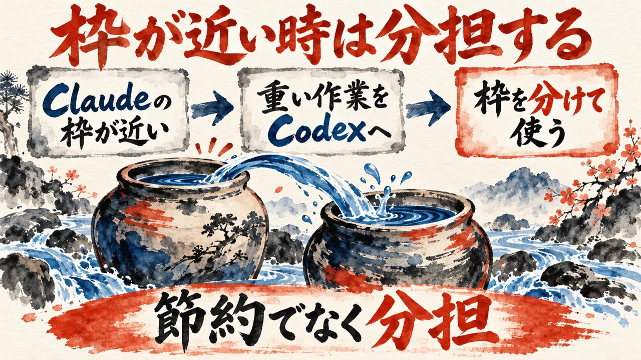 図解。Claudeの枠が近い、重い作業をCodexへ、分担するの三つの札で、枠を使い分ける流れを示す