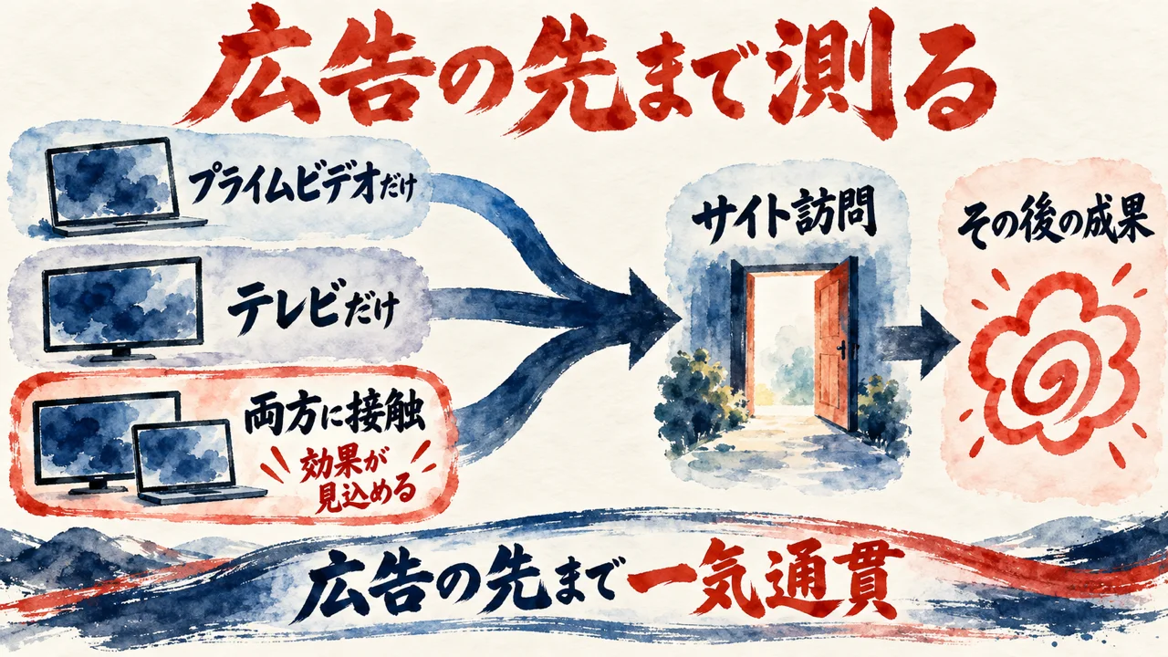 プライムビデオだけ、テレビだけ、両方に接触の三つの組が、サイト訪問を経てその後の成果まで一本の道でつながる図解