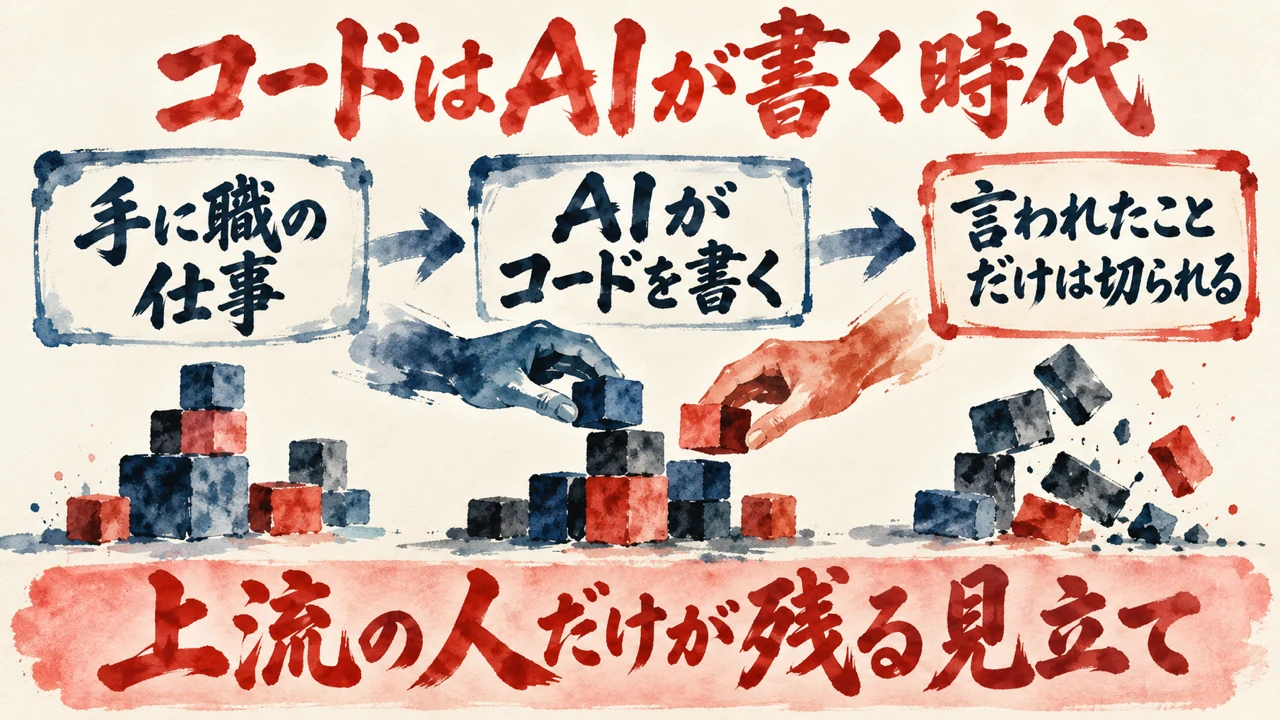 図解。手に職の仕事、AIがコードを書く、言われたことだけは切られる、の三つの札があり、積み木を積む手と崩れる積み木を描き、下の帯に上流の人だけが残る見立てと書かれている