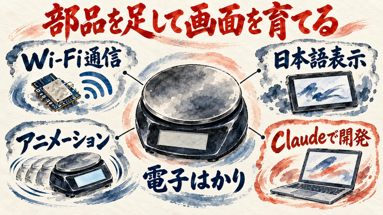 電子はかりの周りに、Wi-Fi通信、日本語表示、アニメーション、Claudeで開発の四枚の札を並べた図解