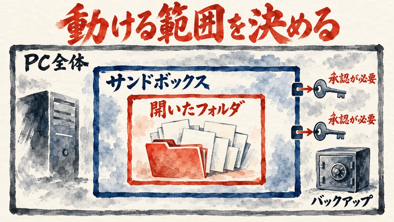 PC全体の中にサンドボックス、その中に開いたフォルダがある入れ子の囲い。外へ出る所に承認が必要の鍵、右下にバックアップの金庫を置いた図解