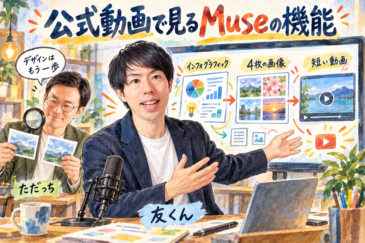 公式動画の機能｜友くんがインフォグラフィック、4枚の画像、短い動画の作例を日本語で説明し、ただっちが画像を比べる場面