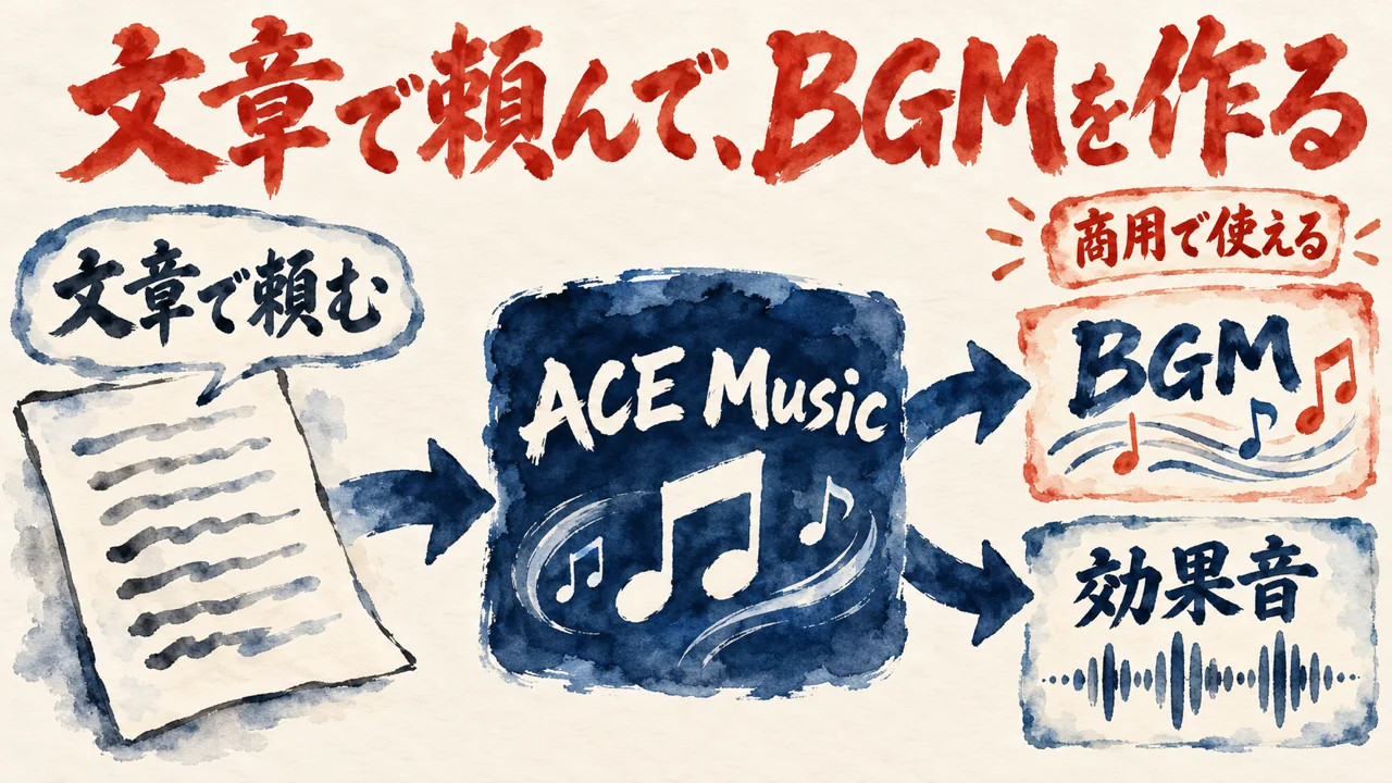 文章で頼む吹き出しからACE Musicの箱へ進み、BGMと効果音の二つの札に分かれ、商用で使えるの札が添えられた図解