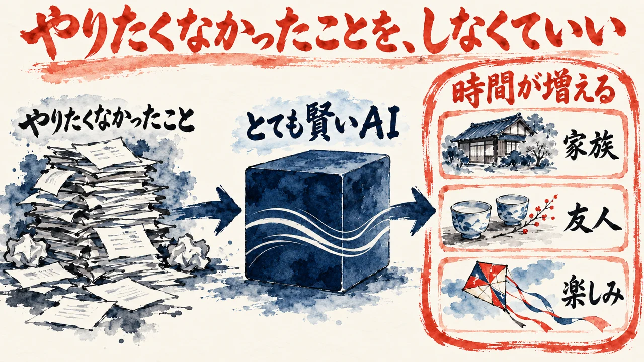 やりたくなかったことの書類の山が、とても賢いAIの箱を通り、家族と友人と楽しみの三つの札に変わる図解