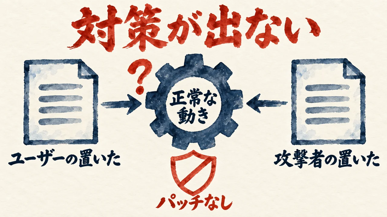 ユーザーの置いた書類と攻撃者の置いた書類が同じ見た目で正常な動きの歯車へ向かい、下にパッチなしの盾が描かれた図解