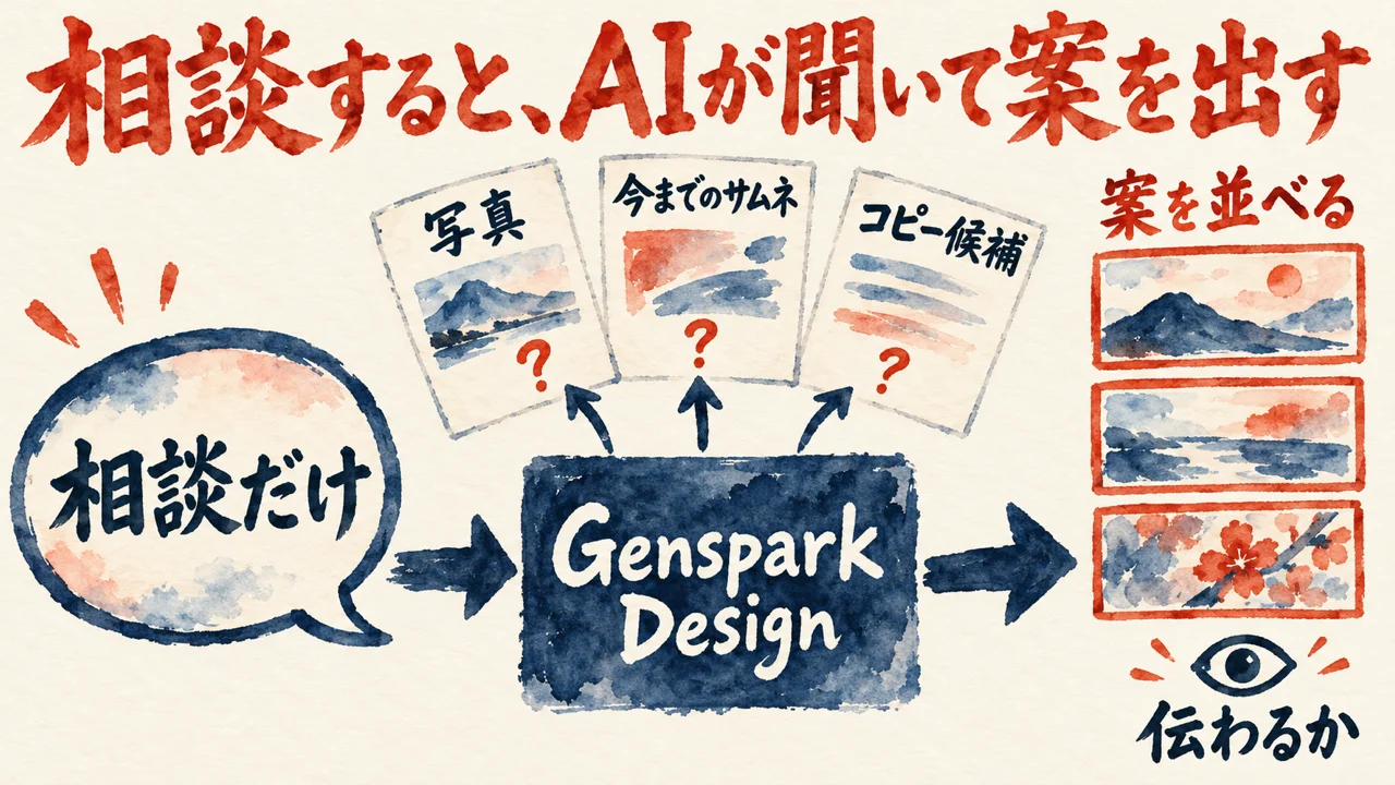 相談だけの吹き出しから Genspark Design の箱へ矢印。箱は写真、今までのサムネ、コピー候補の3枚の紙に問いを返し、右に案を並べるの3案と、伝わるかを見る目が描かれた図解