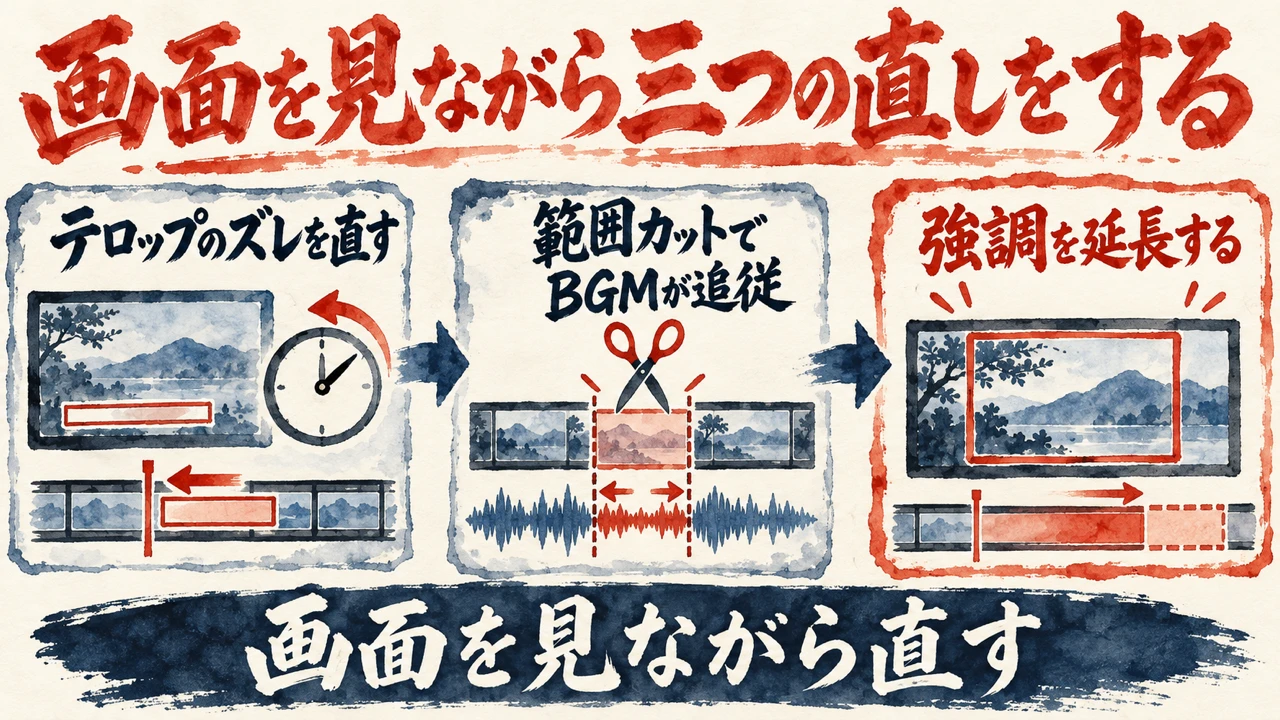 図解。テロップのズレを直す、範囲カットでBGMが追従、強調を延長する、の三つの札に、時計とタイムライン、はさみと音の波形、延びる強調の帯の水彩画が描かれ、下の帯に画面を見ながら直すの文字。見出しは画面を見ながら三つの直しをする