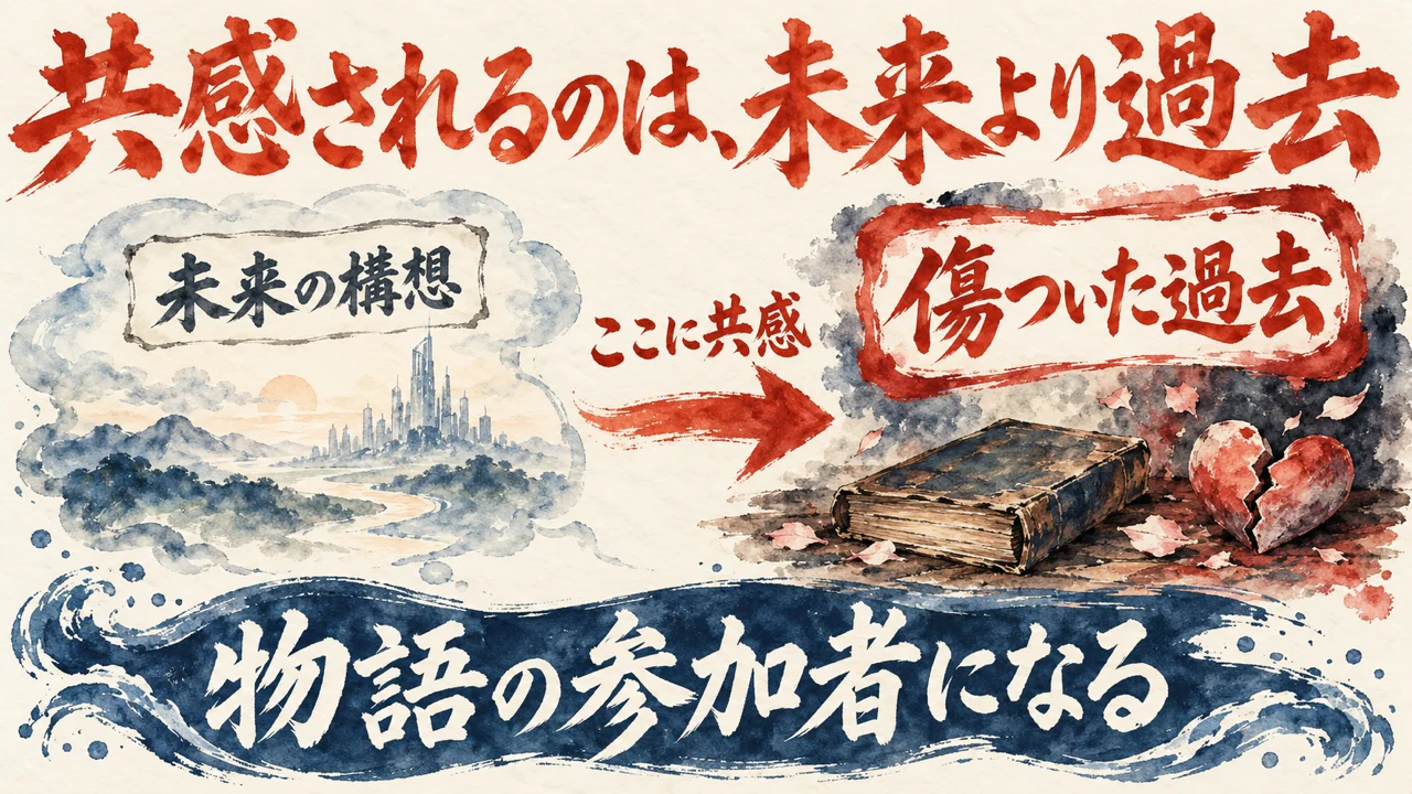 図解。未来の構想よりも、傷ついた過去に共感が集まることを示す対比図。下の帯は、物語の参加者になる。古い本と割れたハートの水彩画が添えられている