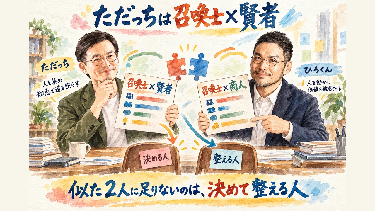ただっちの召喚士×賢者とひろくんの召喚士×商人のカードを並べ、決める人と整える人が足りないと気づく場面のグラレコ