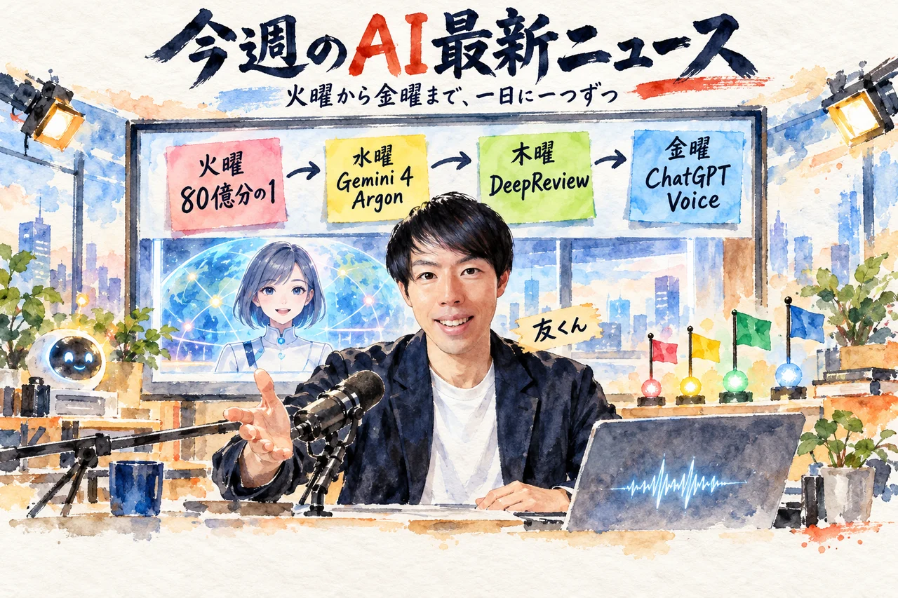 今週のAI最新ニュース｜友くんがAIアバターの動画で曜日ごとのニュースを紹介する場面