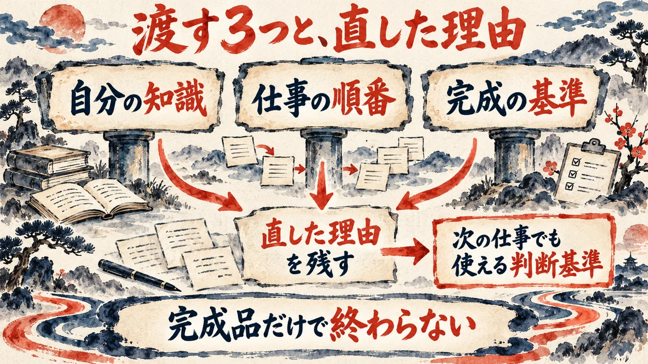 AI社員に渡す3つの図解。自分の知識、仕事の順番、完成の基準の3つの札が並び、直した理由を残して次の仕事の判断基準にする矢印が下に伸びている