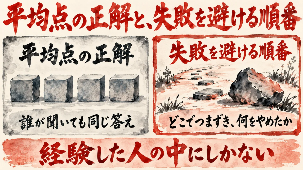 経験を渡せないと平均点の正解になる。お金が払われるのは失敗を避ける順番、と左右に描いた水彩の図解