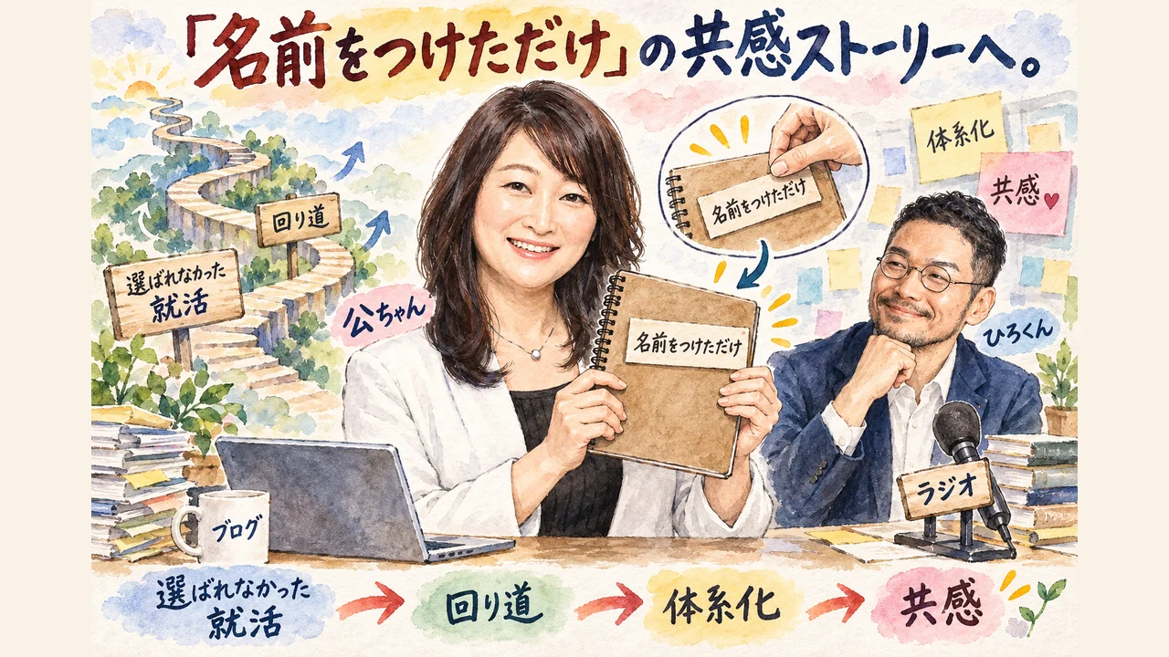 選ばれなかった就職活動の回り道から、すでにやっていたことに名前をつけて共感ストーリーになるまでの流れを描いたグラレコ