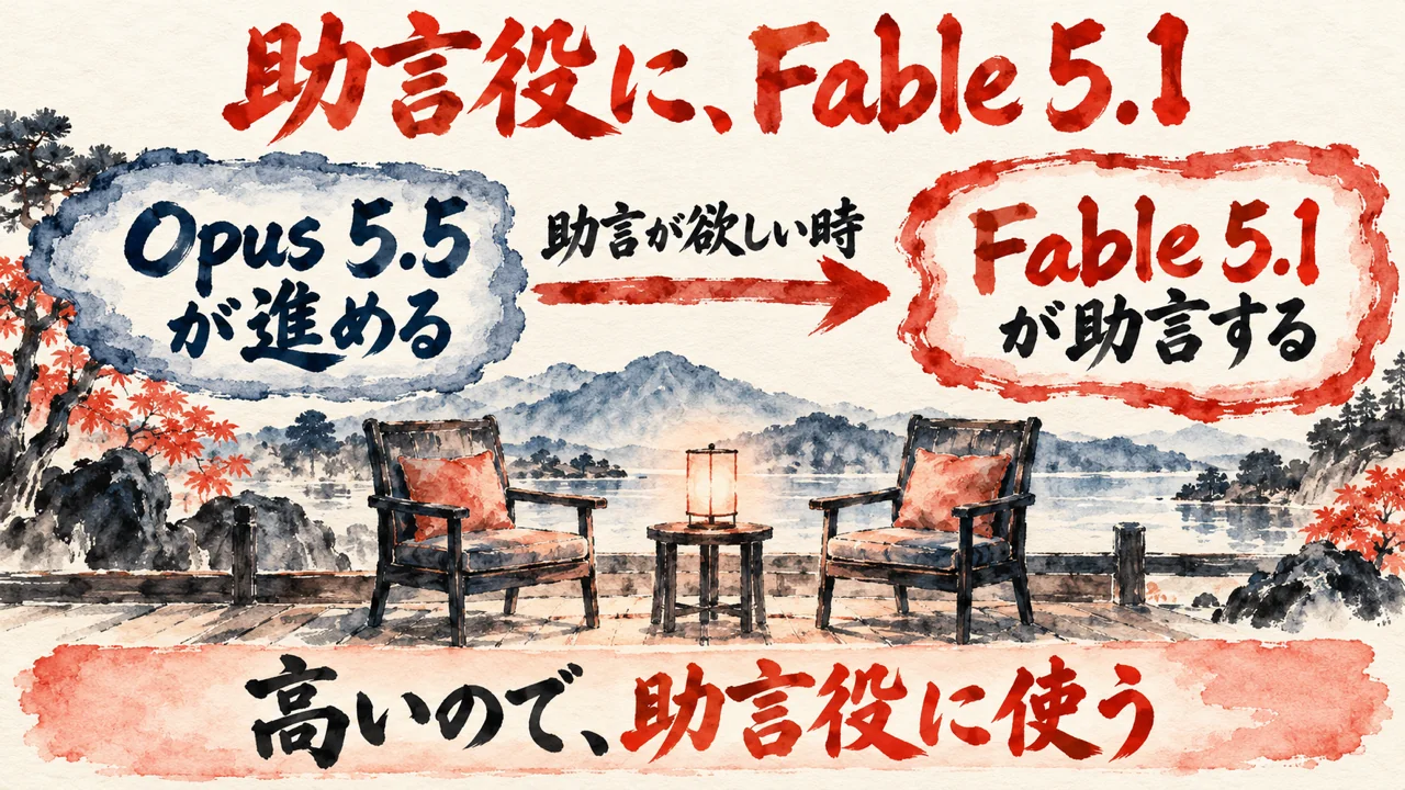 Opus 5.5 が進め、Fable 5.1 に助言を頼む流れの図解