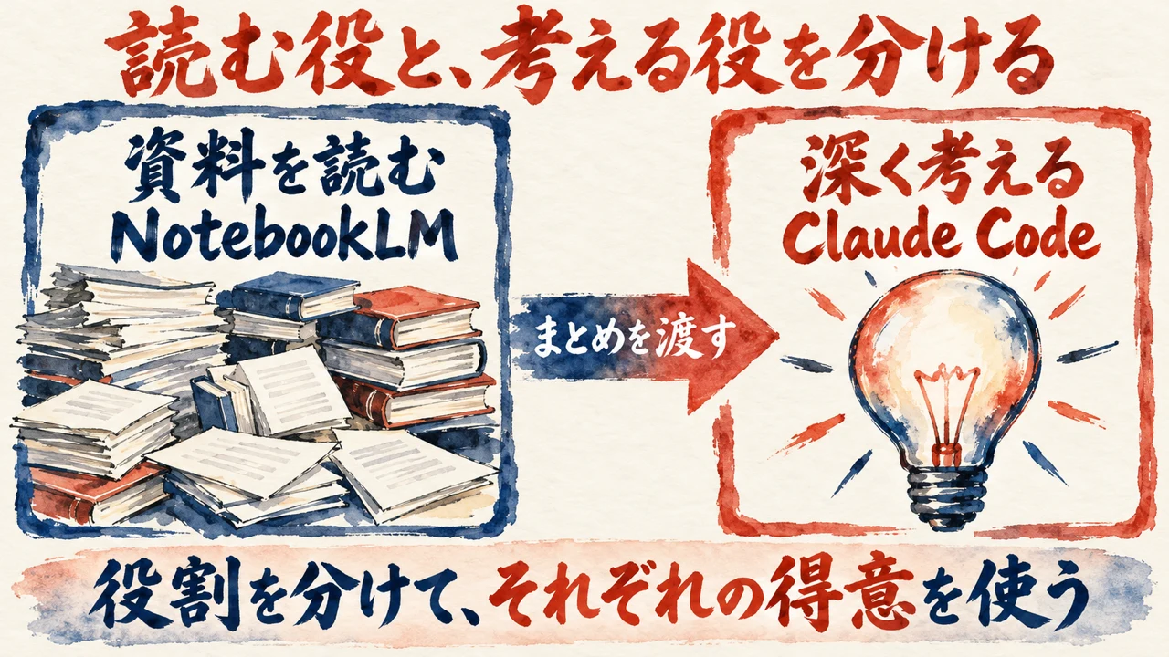大量の資料を読む役と、深く考える役を左右に分けた図解。左は資料を読んでまとめるNotebookLM、右は考えるClaude Code、左に資料の束、右に電球の絵を置き、間にまとめを渡す矢印を引いている