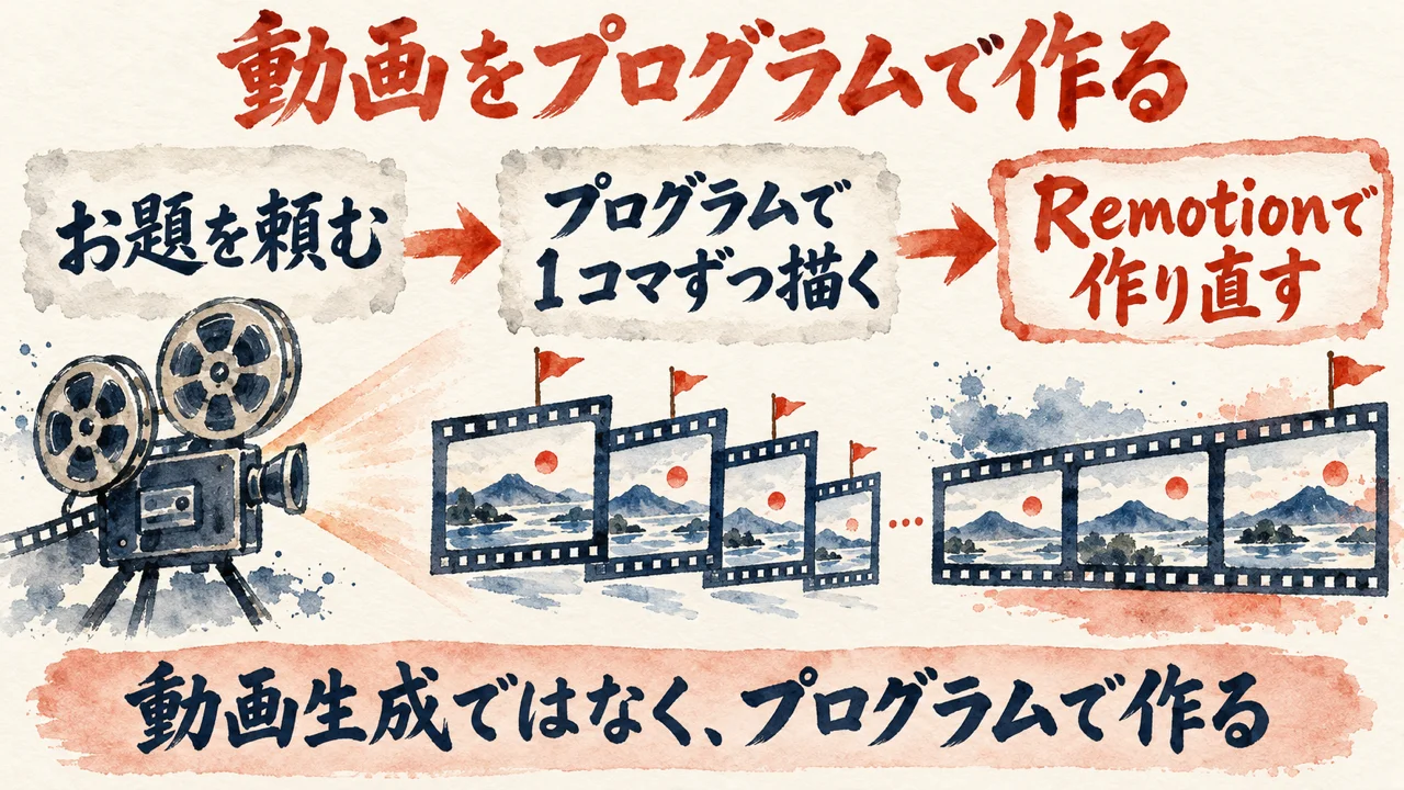 実演の流れの図解。左から、J君が帰ってきたというお題、プログラムで1コマずつ描いて10秒の動画に書き出す、Remotionで作り直す、の三つの札を矢印で並べ、下に動画生成ではなくプログラムで作る、と添えている