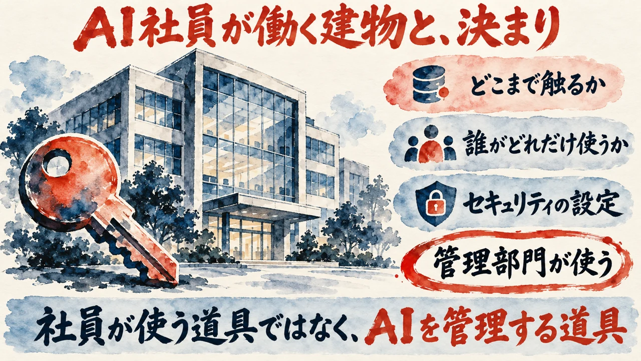 Geminiエンタープライズの図解。左にオフィスビルと大きな鍵の絵、右にどこまで触るか、誰がどれだけ使うか、セキュリティの設定の3枚の札。下に、AIを管理する道具と添えている