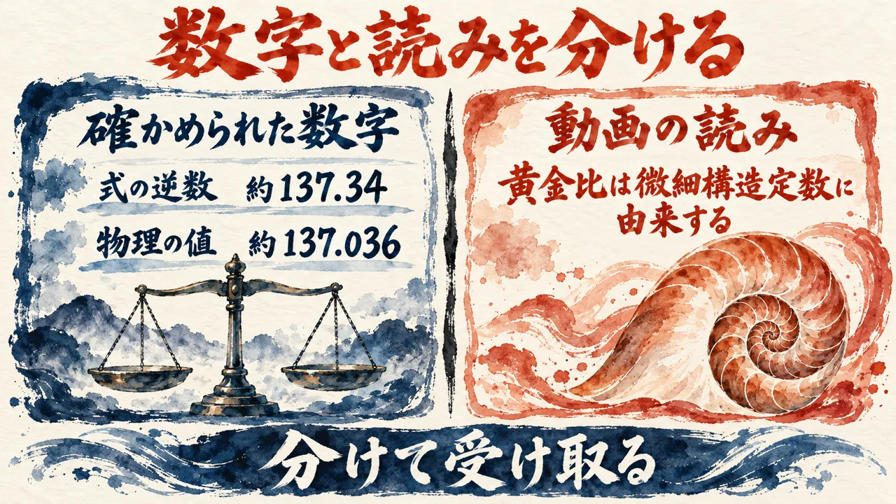 確かめられた数字と動画の読みを分ける図解。左に確かめられた数字として、式の逆数約137.34と物理の値約137.036を天秤の絵と並べ、右に動画の読みとして、黄金比は微細構造定数に由来する、を巻貝の絵と並べ、中央に境目の線を引いている