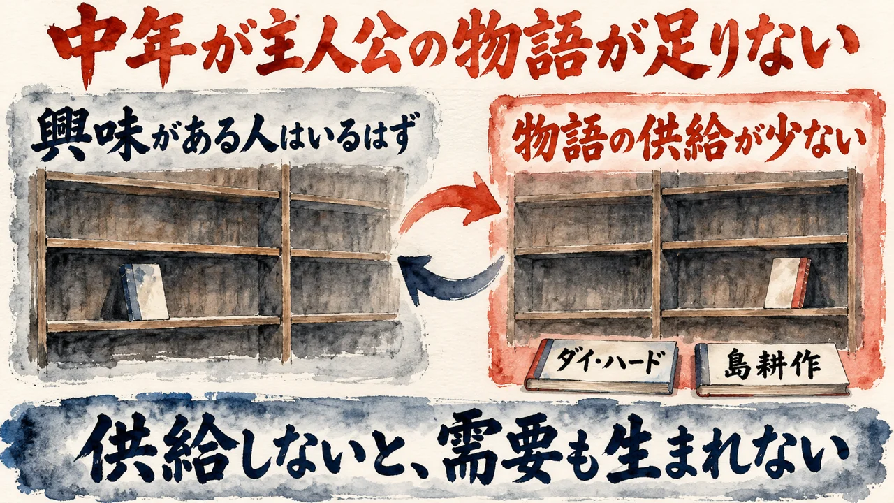 物語の足りなさの図解。左に需要はあるはず、右に供給が少ない、の二つの札。右の札の下にダイ・ハードと島耕作の小さな札があり、下に供給しないと需要も生まれない、と添えている