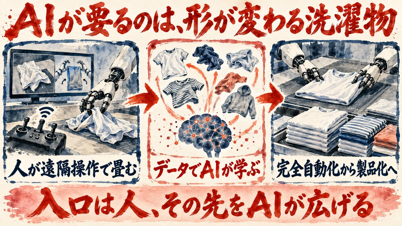 AIが要る所とデータ収集の図解。左に人がロボットを遠隔操作して衣類を畳む、中央にそのデータでAIが学ぶ、右に完全自動化と製品化、と矢印で並び、下に目標の道筋を添えている