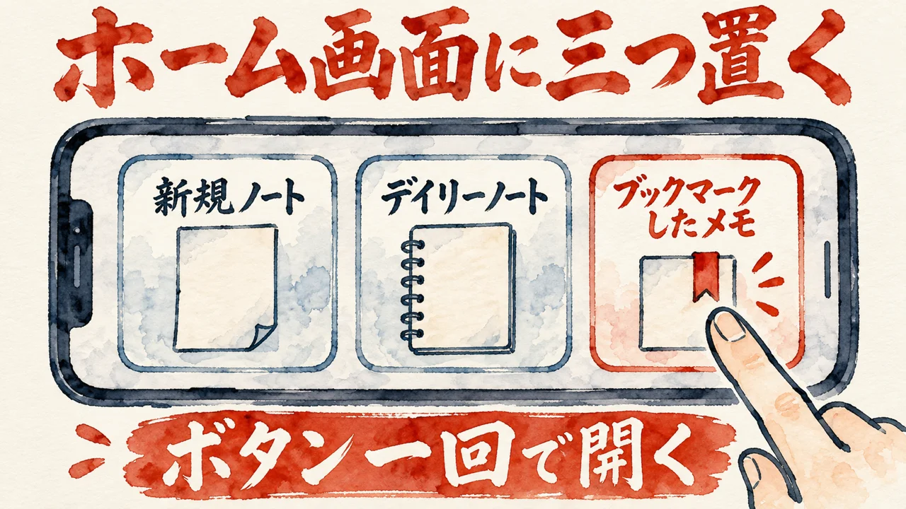 ホーム画面に置く三つのウィジェットの図解。新規ノート、デイリーノート、ブックマークしたメモの三つの四角が並び、下にボタン一回で開く、と添えている