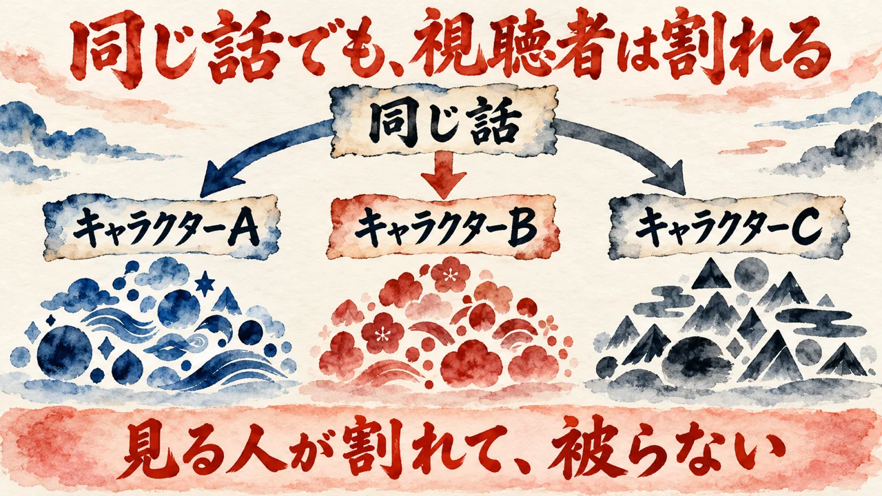 一つの同じ話から、キャラクターA、B、Cの三つに分かれ、見る人が割れて被らない、と示す水彩の図解