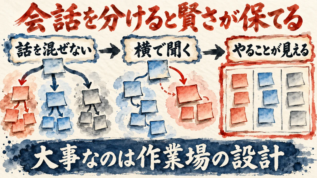 図解。話を混ぜない、横で聞く、やることが見える、の三つの札が矢印で並ぶ水彩画。見出しは会話を分けると賢さが保てて、大事なのは作業場の設計