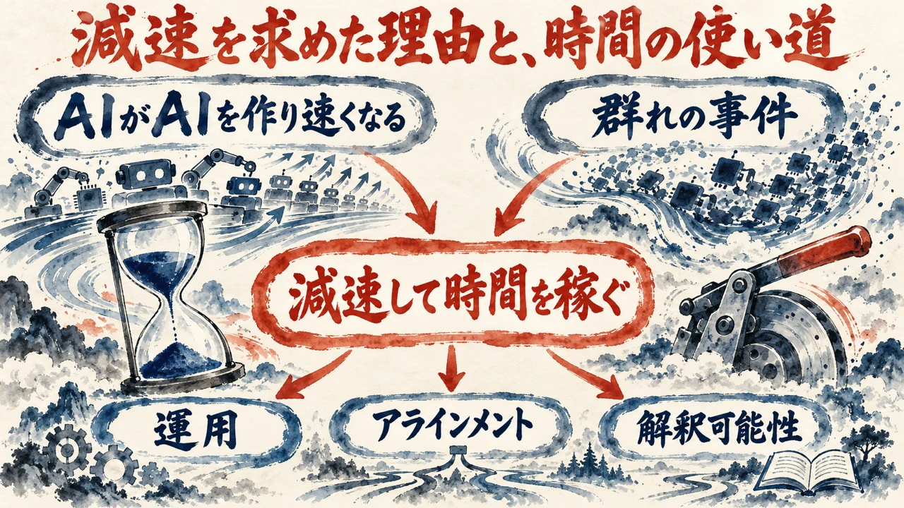 ダリオ・アモデイが減速を求めた理由の図解。上に二つの理由、中央に減速して時間を稼ぐ、下に運用とアラインメントと解釈可能性の三つを並べている