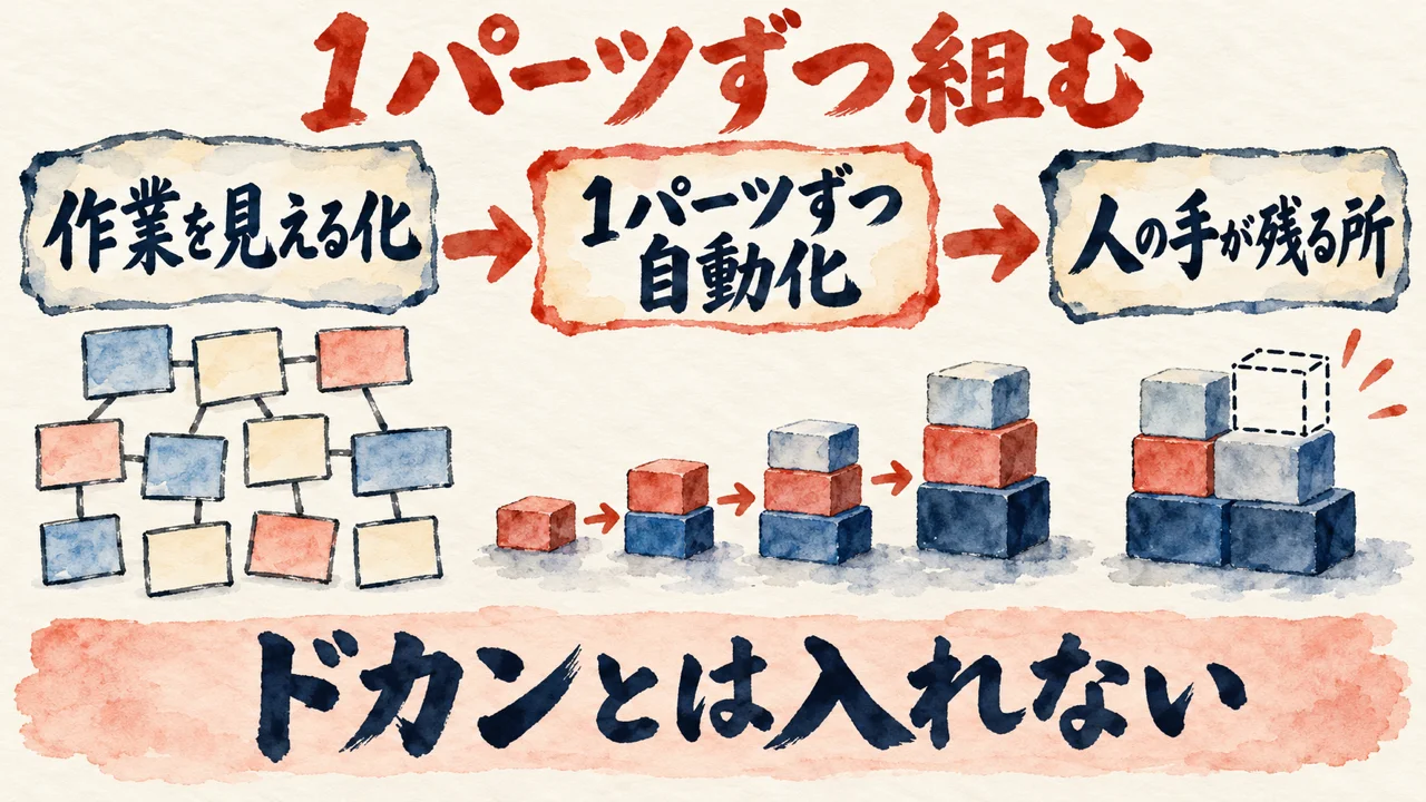 1パーツずつ組む図解。左に作業を見える化する、中央の朱色の枠に1パーツずつ自動化する、右に人の手が残る所、と矢印で並べ、下にドカンとは入れない、と添えている