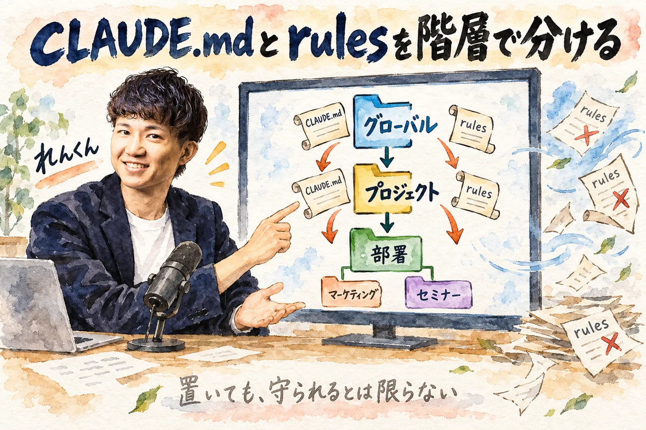 CLAUDE.mdとrulesを階層で分ける｜れんくんがグローバル・プロジェクト・部署のフォルダの図を示す場面