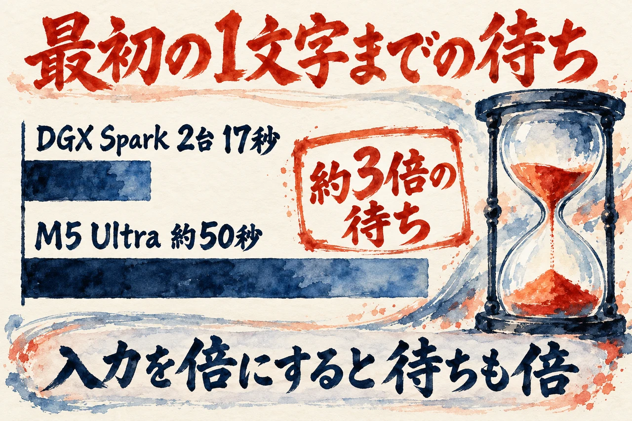 最初の1文字までの待ちの図解。上の棒にDGX Spark 2台の17秒、下の長い棒にM5 Ultraの約50秒、右に約3倍の待ち、と添えている